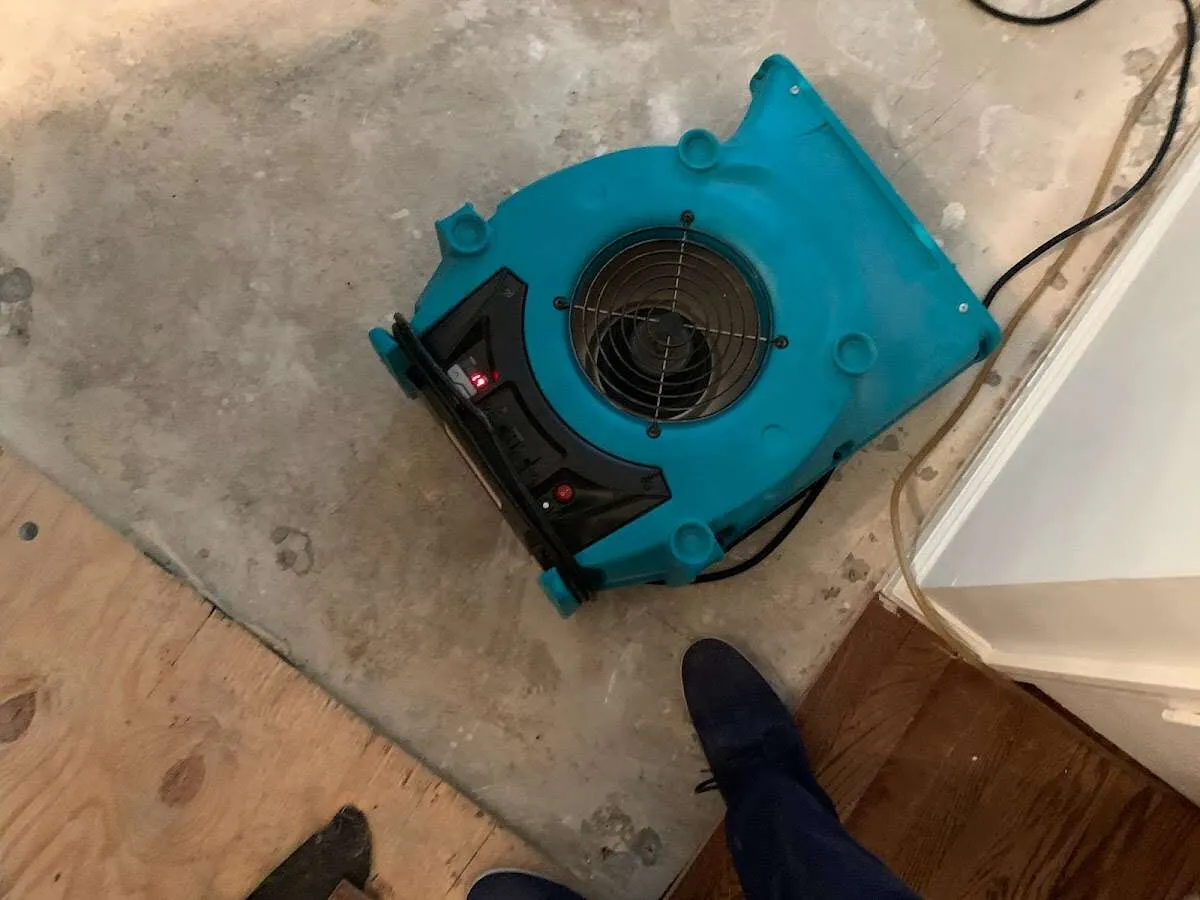 Air mover drying subfloor during Leak Detection & Repair in Porter